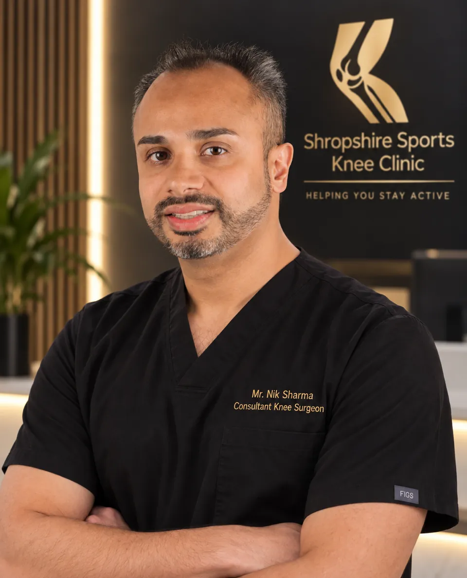 Mr. Nik Sharma in surgical scrubs - Specialist Knee Surgeon